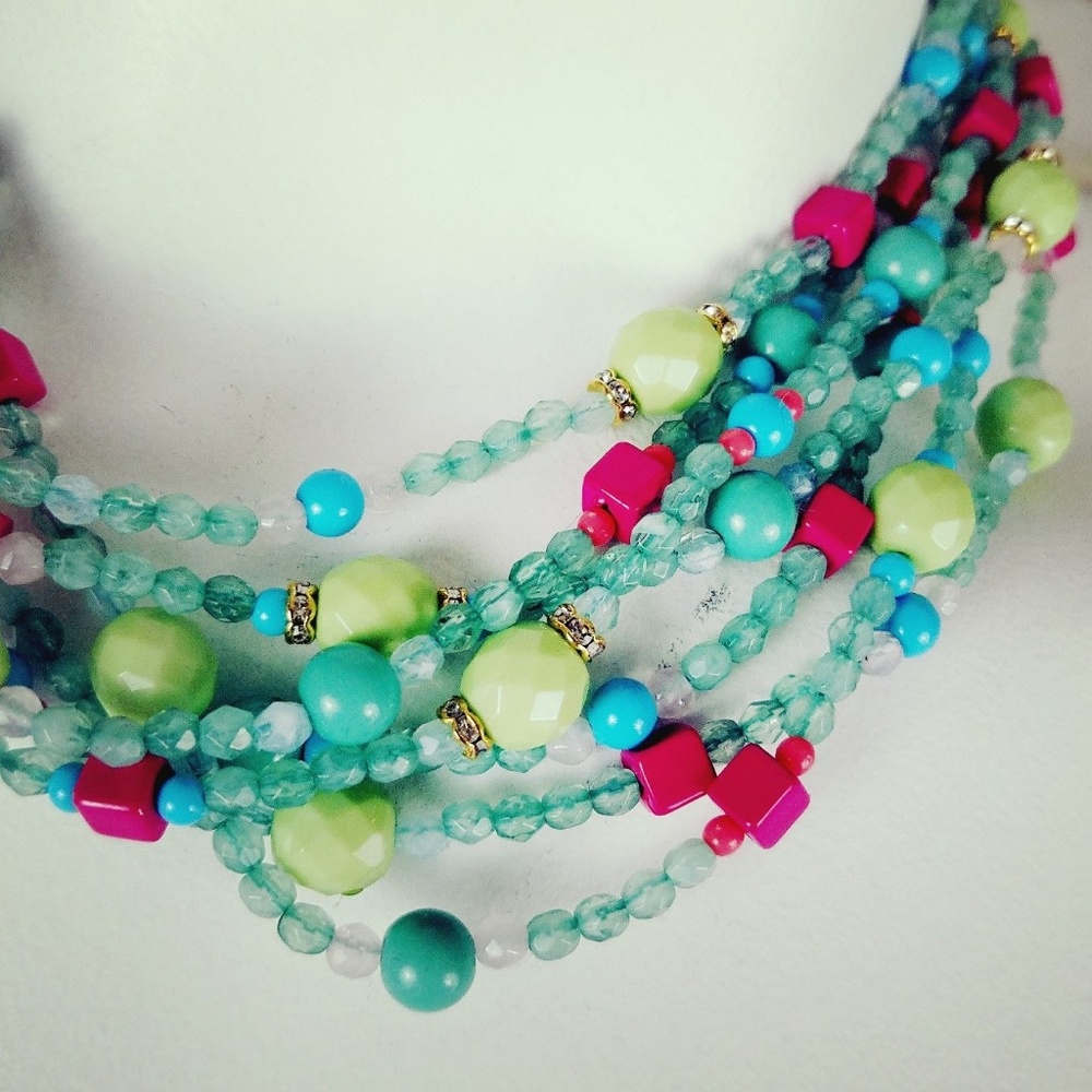 AQUA collar necklace 7 strands pink turquoise - Picture 7 of 8